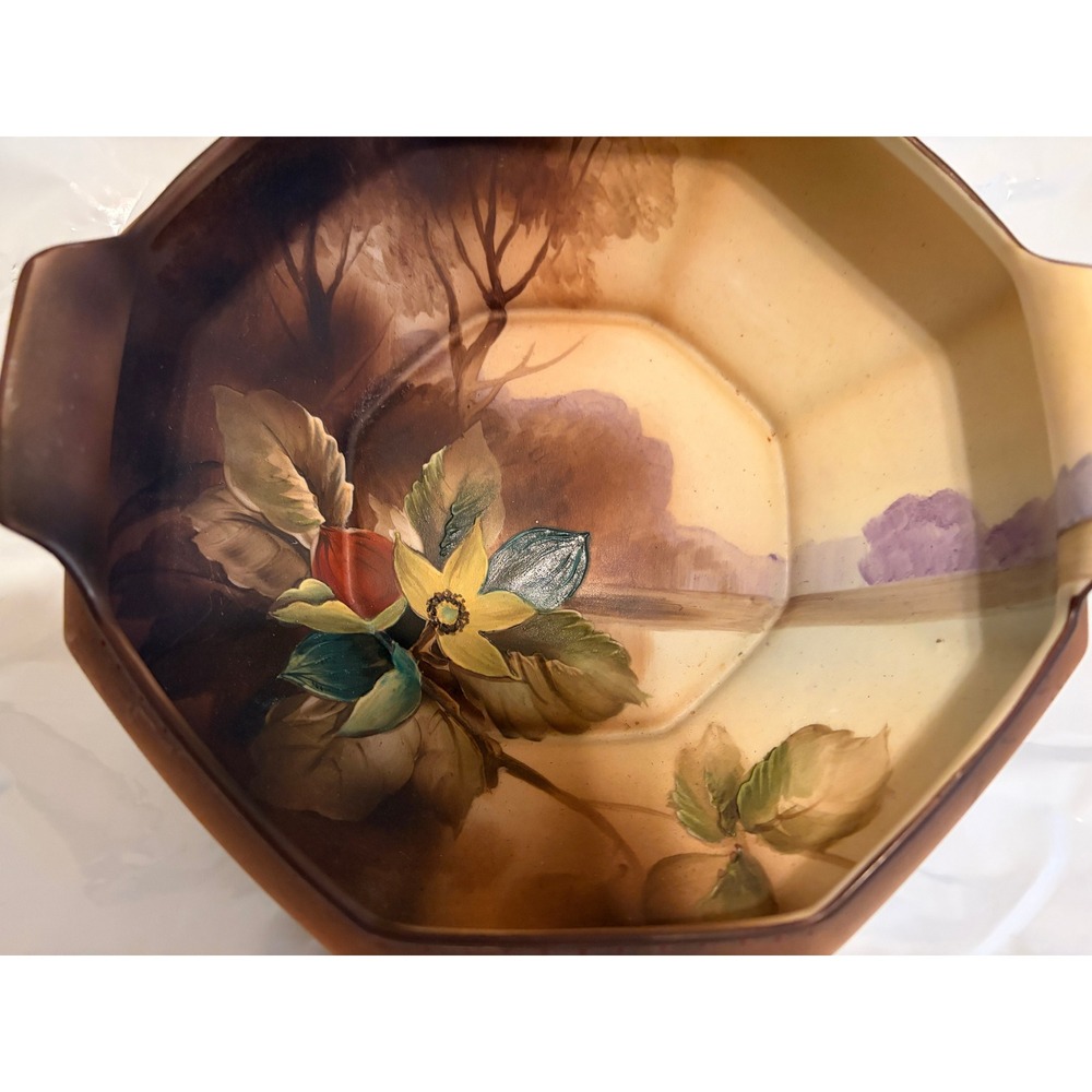 Antique Nippon Hand Painted Octagonal Porcelain Bowl Landscape Floral Gold Trim - Picture 3 of 8